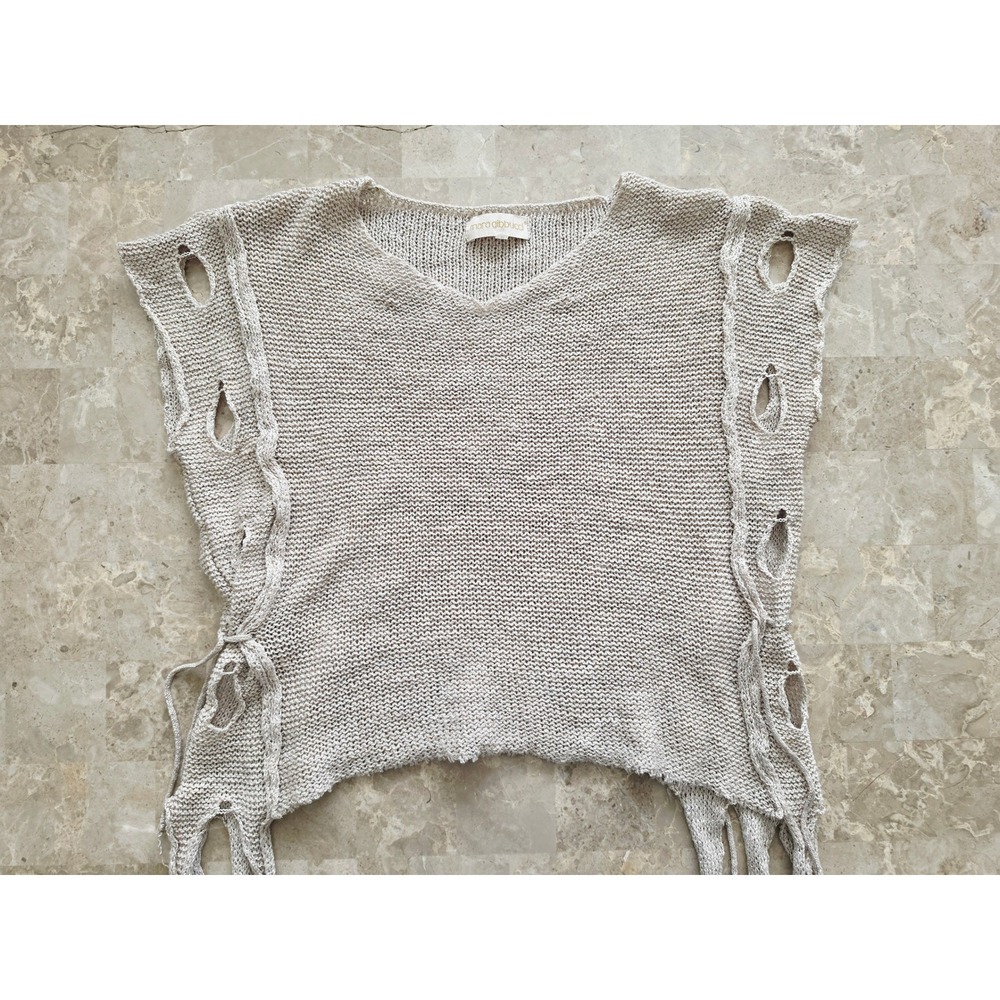 MARA GIBBUCCI Beige Lagenlook V-Neck Knit Top Side Tie Tassels Open Stitch M - Picture 13 of 16